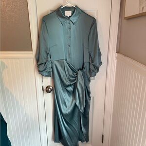 Cinq a Sept Green Asymmetrical Ruched Long Sleeve Gown